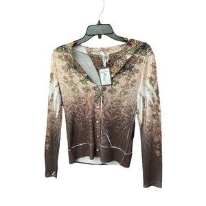 NWT New Mix Button Up Boho Peasant Top Blouse Floral Imprint V Neck Brown Shirt